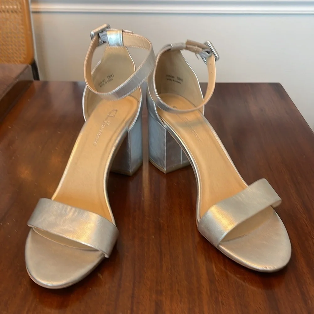 🥡 CL by Laundry Silver ankle strap, single strap block, heel sandals